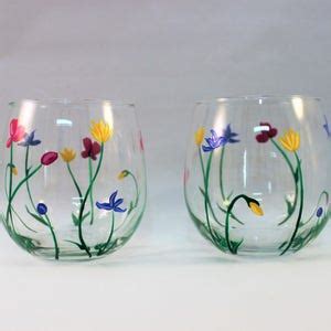 Wild Flowers Hand Painted Stemless Wine Glasses Painted Wild Etsy