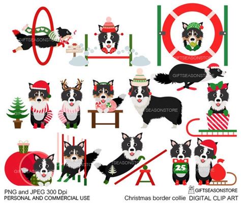 Christmas Border Collie Dog Digital Clip Art For Personal And Etsy