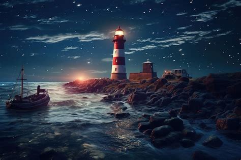 Premium Photo A Lighthouse On The Rocks By The Sea At Night