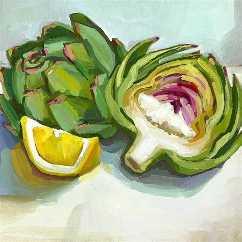 Artichokes And Lemon Art Print Vegetable Painting Artichoke Painting Kitchen Art Cottage