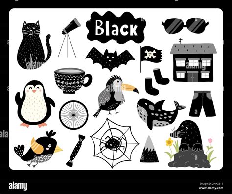 Set Of Black Color Objects Primary Colors Flashcard With Black