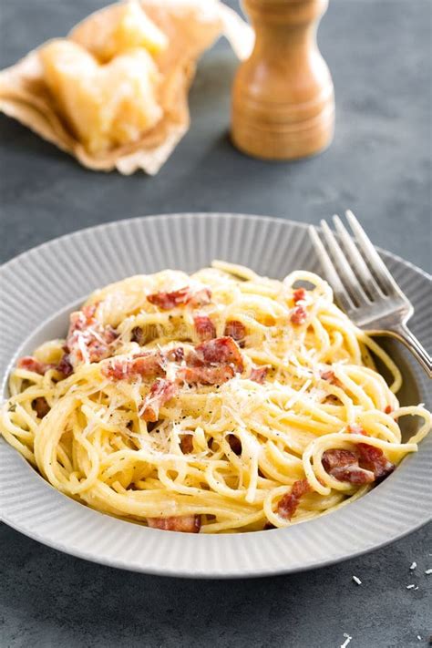 Carbonara Pasta Spaghetti With Pancetta Egg Hard Parmesan Cheese And