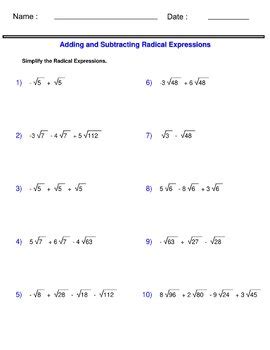 Radicals Worksheets Adding And Subtracting Radical Expressions By