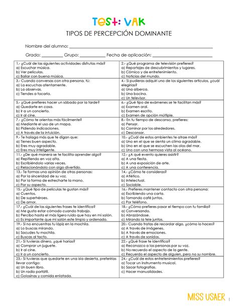 Test Vak Estilos De Aprendizaje Test Vak Tipos De Percepcin