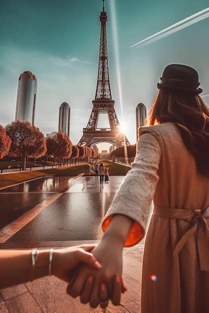 Una Mujer Cogida De La Mano Frente A La Torre Eiffel Foto Premium