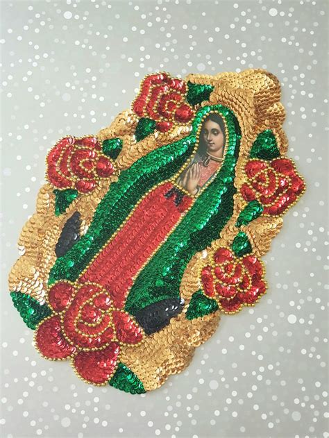 Virgen De Guadalupe Red Rose Patch Lady Guadalupe Red Rose Sequin