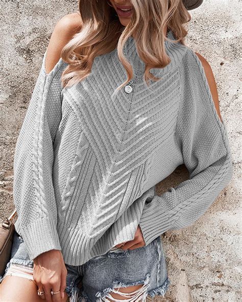 Solid Cable Knit Cold Shoulder Sweater