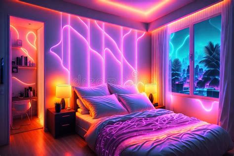 Modern Bedroom Interior With Neon Lights By AI Generated Stock