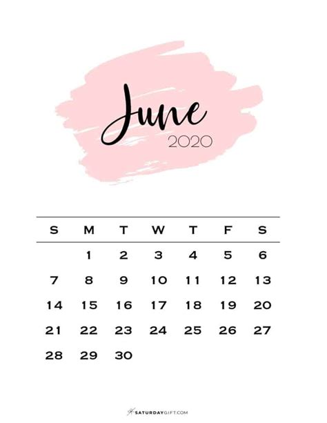 Cute And Free Printable June 2020 Calendar Saturdayt