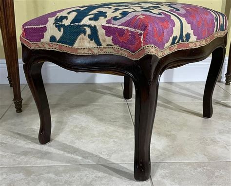 Vintage Foot Stool Upholstered With Antique Suzani Textile For Sale At