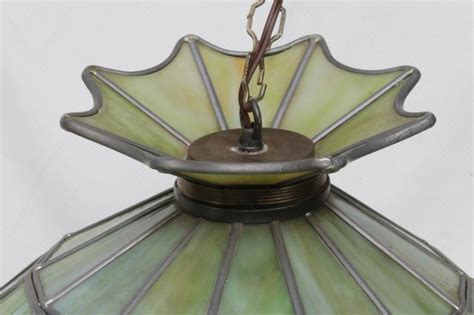 Vintage Leaded Glass Shade Light Fixture Green Stained Glass Pendant