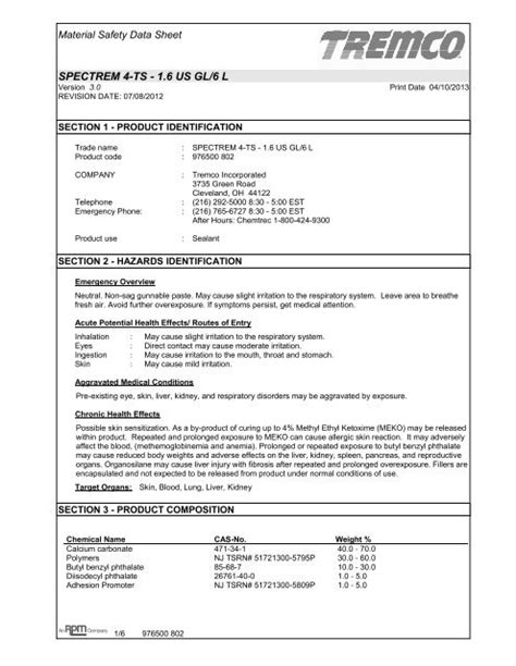 Spectrem Ts Msds Tremco Sealants