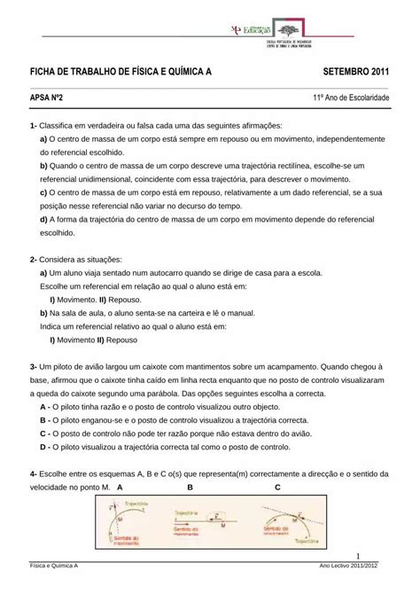 Pdf Ficha De Trabalho De F Sica E Qu Mica A Setembro S