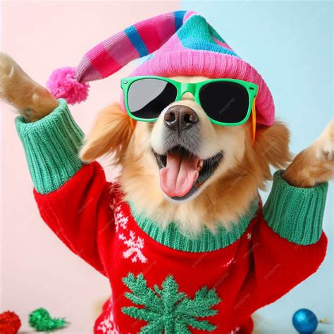 Premium Photo | Christmas Dog wearing colorful clothes and sunglasses ...