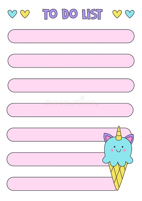 Vector To Do List Sheet For Making Notebooks With Cute Unicorn Ice