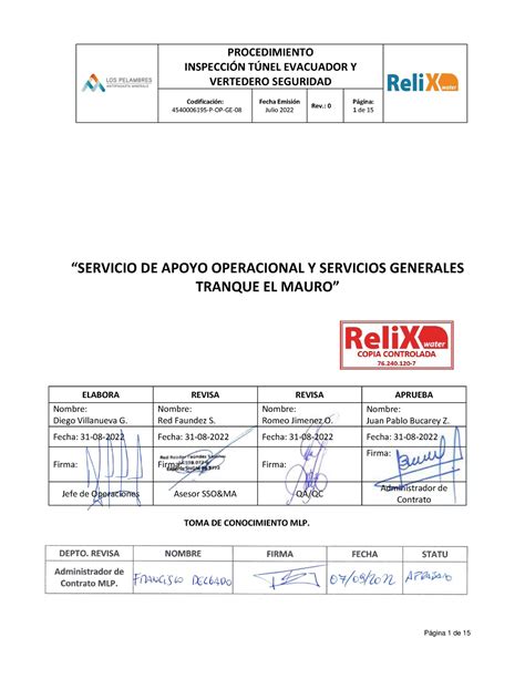 Relix Procedimiento Inspecci N T Nel Evacuador Y Vertedero Seguridad