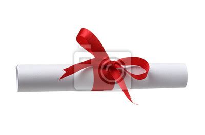 Diploma Close Up Of Paper Scroll With Red Ribbon Isolated On Wall