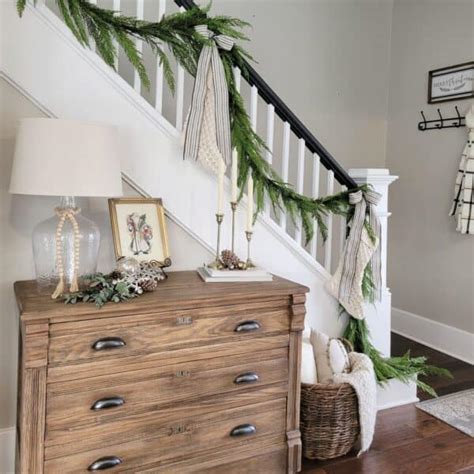 Neutral Farmhouse Staircase With Fir Garland Soul Lane