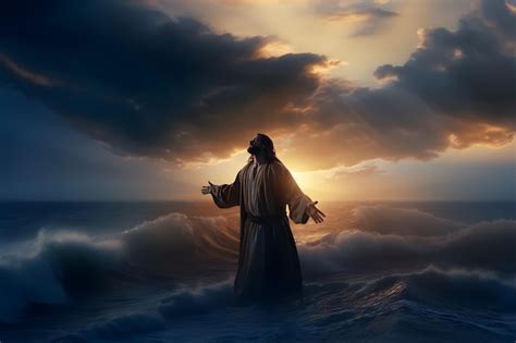 Premium Photo Jesus Christ Walking On Water During Storm At Sunset