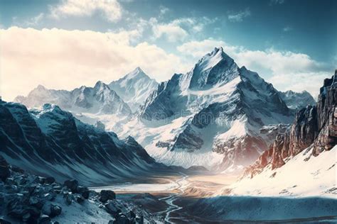 Panoramic View Of Snow Capped Mountain Peaks Scenery Background Stock