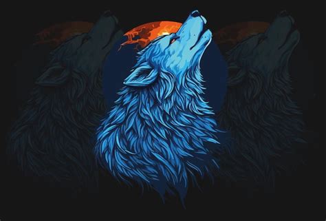 Un Lobo Azul Aullando A La Luna Vector Premium