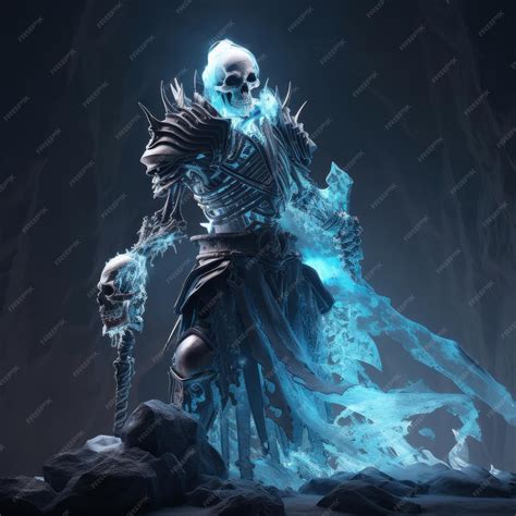 Premium Photo Skeleton Knight Standing In A Dark And Frozen Crypt