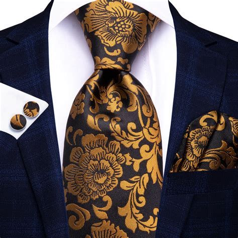 Black And Gold Floral Tie Set With Pocket Square And Cufflinks