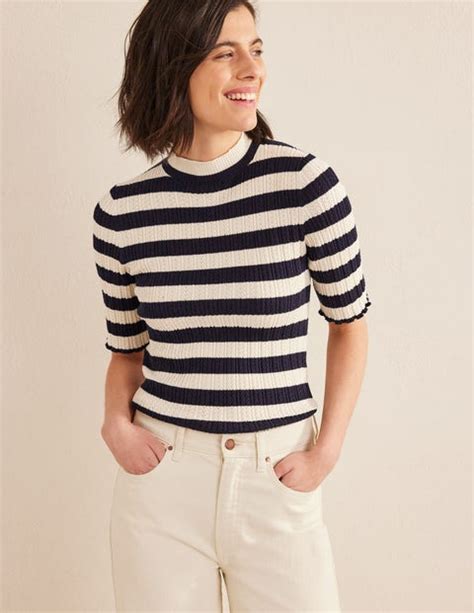 Ribbed Pointelle High Neck Top Navy Ivory Stripe Boden Uk