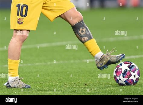 Lionel Messi Of Fc Barcelona Tattoo On His Leg During The Uefa