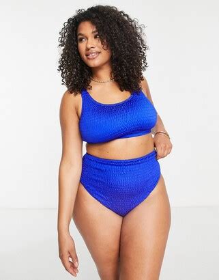 South Beach Curve Exclusive Crinkle Scoop Crop Bikini Top In Blue