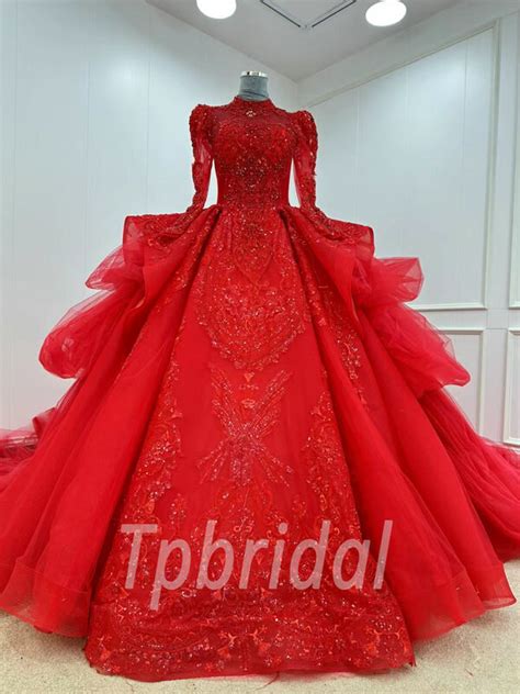 Red Lace Ball Gown High Neck Long Sleeve Beaded Wedding Dress