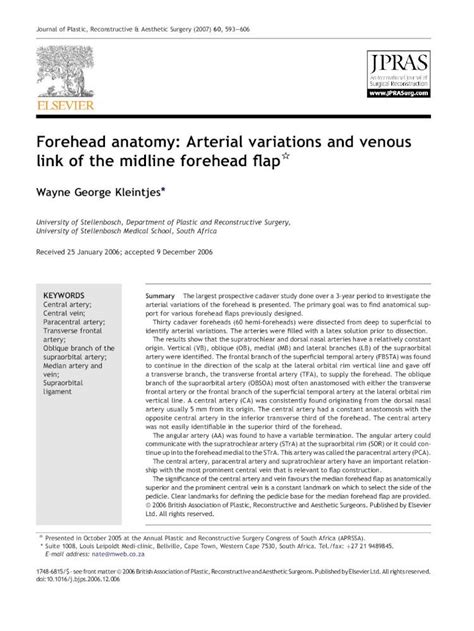Pdf Forehead Anatomy Arterial Variations And Venous Link Of The