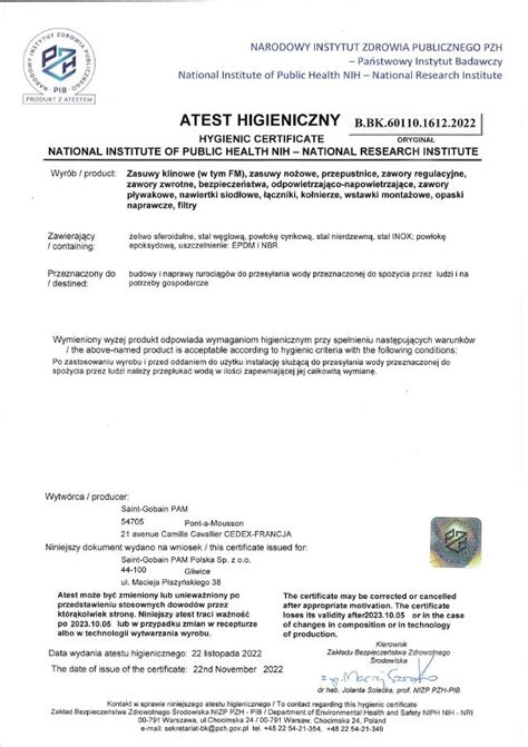 Atest Higieniczny PZH Armatura PAMLINE Poland