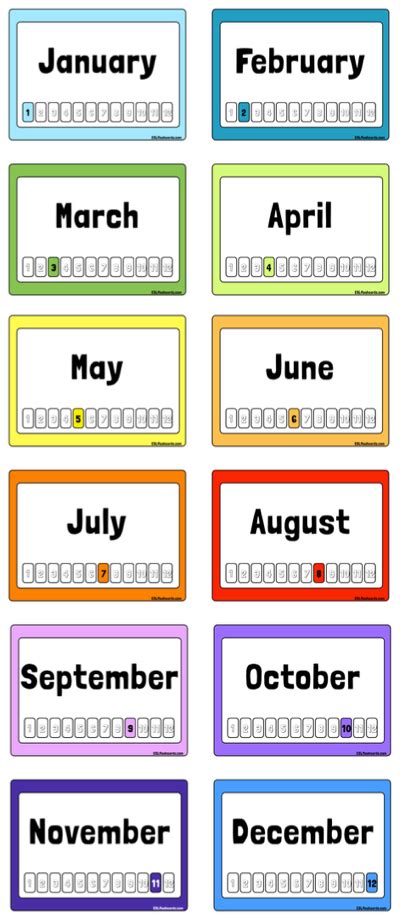 Months Of The Year Calendars With Different Colors And Font On Each One