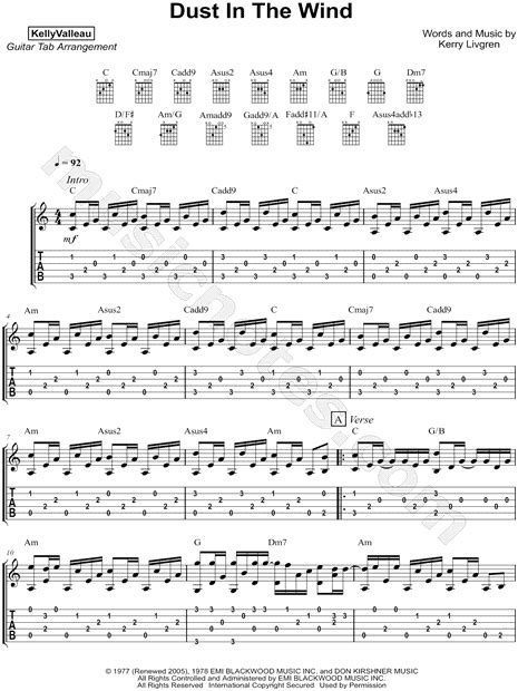 Kelly Valleau Dust In The Wind Guitar Tab In C Major Download And Print Sku Mn0170161