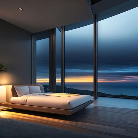 Premium Ai Image A Bedroom With A Large Window That Has A View Of The