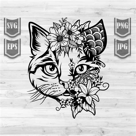 Floral Animal Cat Svg Files Cat With Flowers Svg Cat Svg Etsy