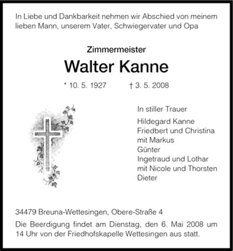 Traueranzeigen Von Walter Kanne Trauer Hna De