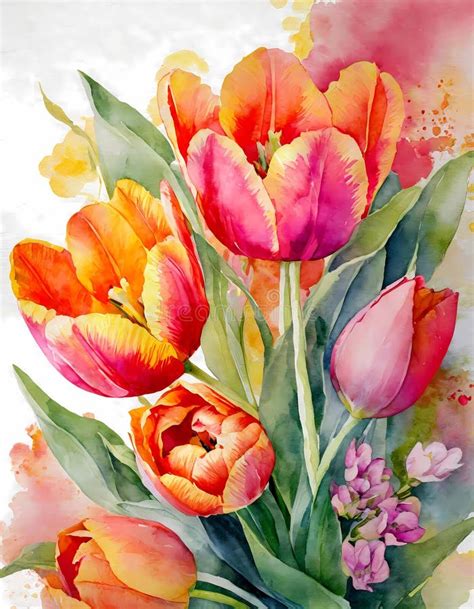 Tulip Flowers Watercolor Painting On Abstract Background Stock