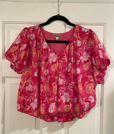 Pleione Pink Orange Floral Bubble Hem V Neck Puff Sleeve Blouse Size