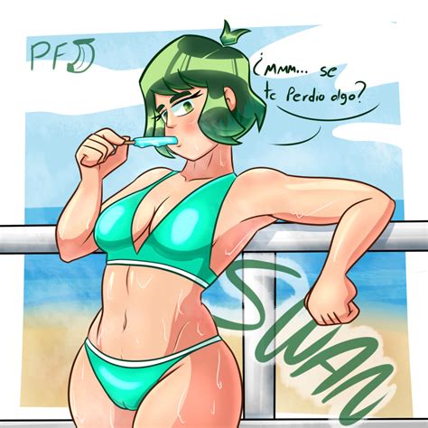 Rule 34 Beach Bikini Green Eyes Green Hair Ice Cream Looking At Viewer Original Character