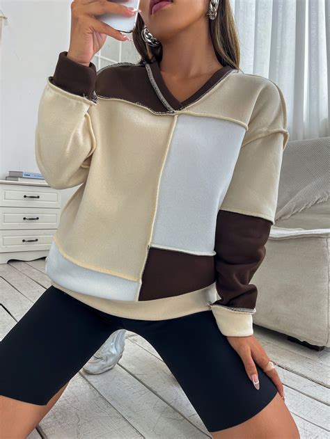 Colorblock Seam Detail Drop Shoulder Sweatshirt Fleece Jacket Womens