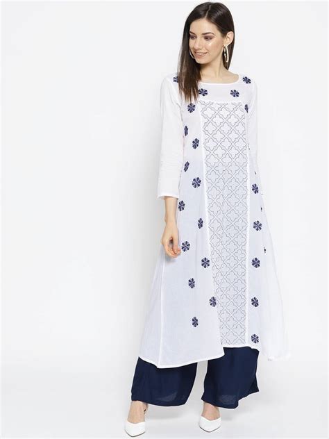 Ada Hand Embroidered White Cotton Lucknow Chikankari Kurta With Muqaish