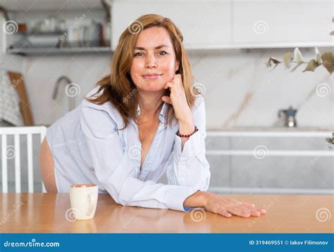 Nude Adult Woman In Shirt Posing In Kitchen Stock Image Image Of Bare