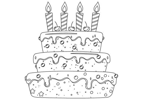 Dibujo para colorear de una tarta de cumpleaños con cuatro velas