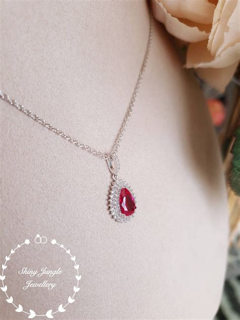 Pear Shaped Ruby Necklace July Birthstone Pendant Double Halo