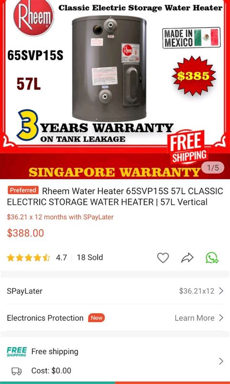 Rheem 15 Gallon Electric Water Storage Heater TV Home Appliances