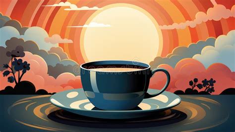 A Cup Of Coffee Sits On A Saucer Sunset With Sun And Clounds Behind Stock Illustration