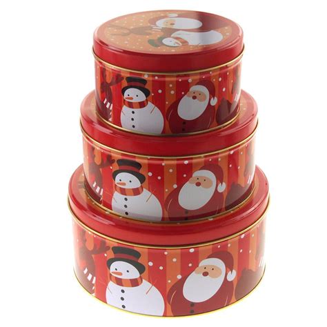 Christmas Cookie Tin Round Containers With Santa And Snowman 3 Size