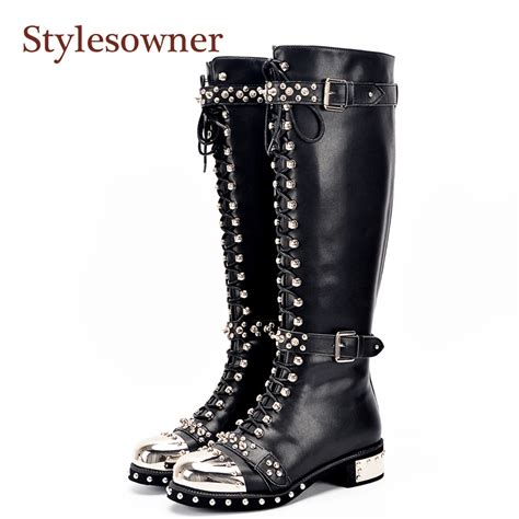 Stylesowner Genuine Leather Metal Round Toe Punk Style Women Knee High